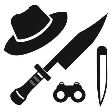 Black silhouette of explorer hat machete binoculars and knife
