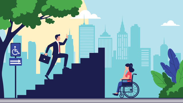Successful businessman easily climbing a flight of stairs while a woman in a wheelchair faces physical barriers in an inaccessible city.