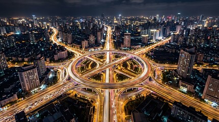 Naklejka premium Aerial view of a bustling city at night with a large highway interchange
