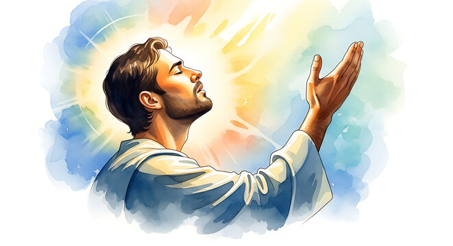 Spiritual Watercolor Illustration of a Devoted Man Reaching Toward the Celestial Sky in Prayer, Expressing Faith, Hope, and Divine Worship through Artistic Expression and Sacred Connection.