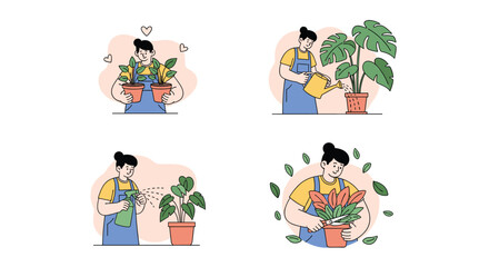 Fototapeta premium Woman enjoys various gardening activities including watering, spraying, and pruning her potted plants at home for relaxation.