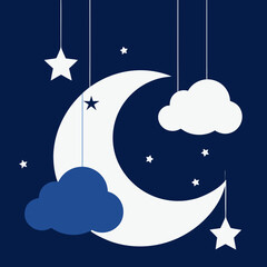 Naklejka premium Crescent moon with hanging stars and clouds vector