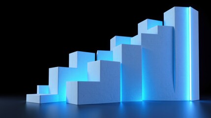 Fototapeta premium Rising bar graph illustration. Blue glowing blocks represent growth, success, progress. Dark background emphasizes upward trend.