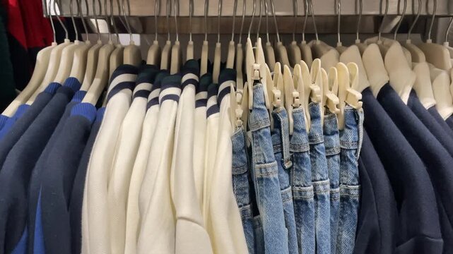 Row of neatly arranged clothing hangers with assorted garments in various colors