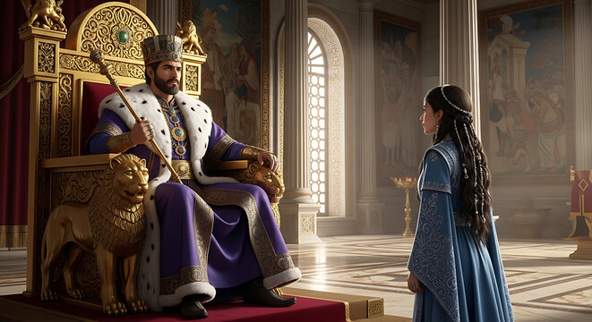 Majestic ancient monarch sitting on a lavish golden throne observing a noble woman in a dramatic historical biblical scene representing religious heritage and royalty in a palace setting.