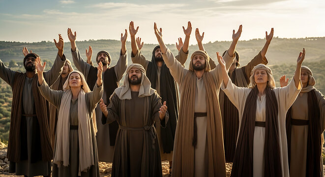 Diverse biblical group of faithful men and women with raised arms praying outdoors during early Christianity era representing spiritual devotion and collective religious worship practice.