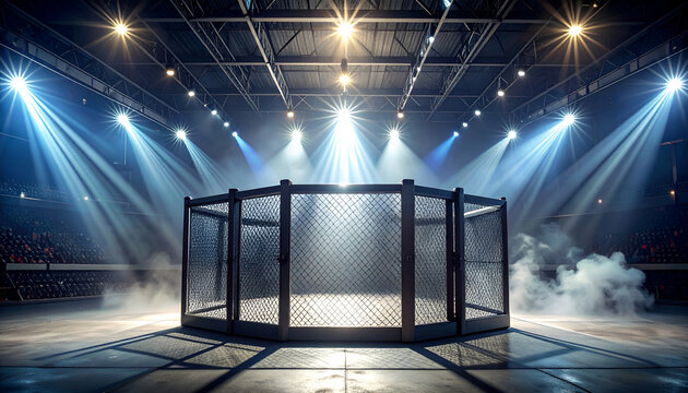 A dramatic, brightly lit MMA fighting ring stands center stage in a large arena, filled with a hazy fog and a blurred audience in the background.