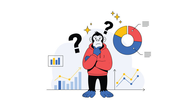 Cartoon monkey wearing a hoodie thinking about financial data surrounded by various charts, graphs, and question marks.