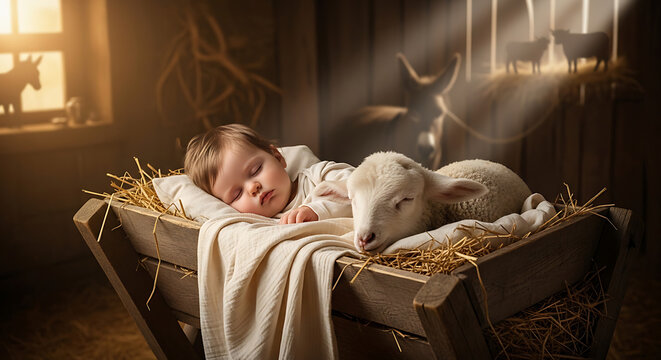 Peaceful Caucasian infant sleeping soundly in a rustic wooden manger alongside a gentle fluffy lamb, artistic recreation of the biblical nativity scene representing hope and new beginnings.