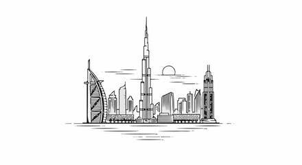 Naklejka premium A hand-drawn sketch of a modern city skyline with distinct tall buildings
