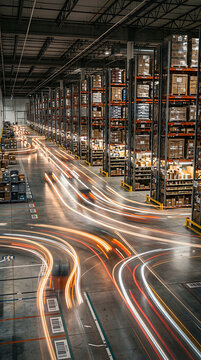 Long exposure of warehouse with blurred forklift light trails