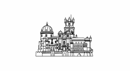 Fototapeta premium Ornate castle with multiple towers, domes, and crenellated walls depicted in a line drawing