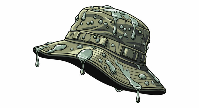 A khaki bucket hat adorned with shimmering water droplets and drips