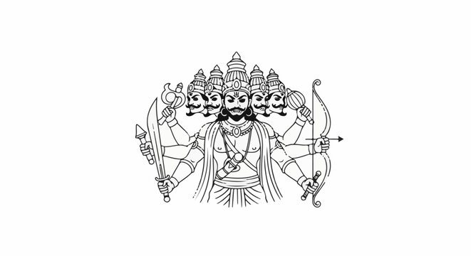A multi-headed, multi-armed figure holds weapons, poised for action