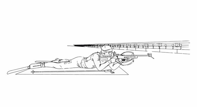 Athlete prone with rifle at shooting range, wearing hat and ski gear