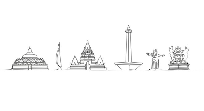 A minimalist line art illustration showcases famous landmarks of Indonesia, including Borobudur and Jakarta's National Monument, rendered in a clean, monochromatic style against a stark