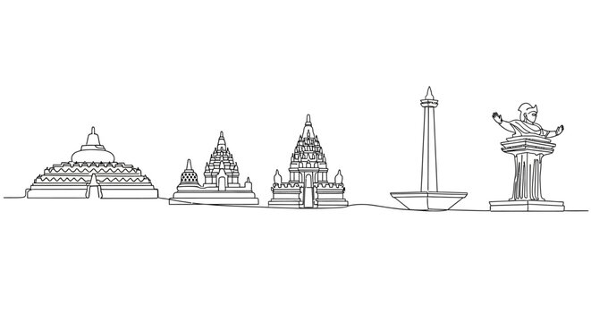 Monochrome line art showcases a panorama of famous landmark indonesia architectural sites, set against a clean white background creating a minimalist and modern aesthetic with simple design