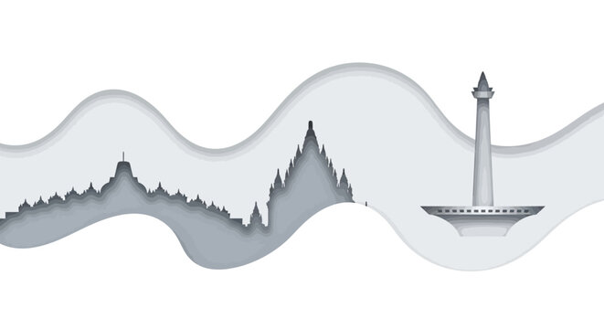 Minimalist paper-cut illustration showcasing famous landmarks of Indonesia, including Borobudur and the National Monument, set against a clean white background with a monochromatic gray