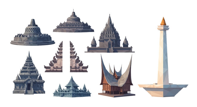 Against a clean white backdrop, this set features famous landmark indonesia architecture showcasing detailed temple structures and the Monas monument, rendered in a style highlighting