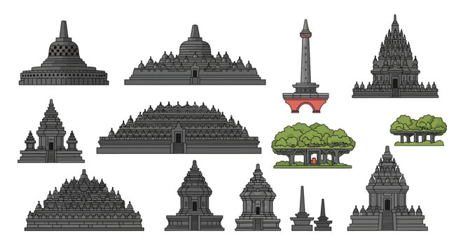 A vector illustration showcases several famous landmarks of Indonesia, including Borobudur, Prambanan, and Monas, arranged on a clean white background with a minimalist style and a cool