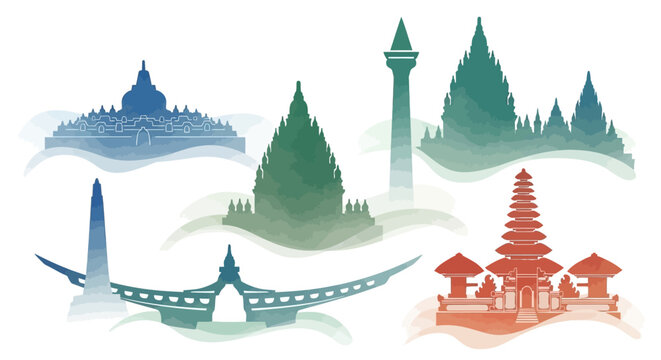 Silhouetted graphic of landmark Indonesia monuments including Borobudur and Jakarta's National Monument, rendered in watercolor style with a clean white background and dreamy, soft color