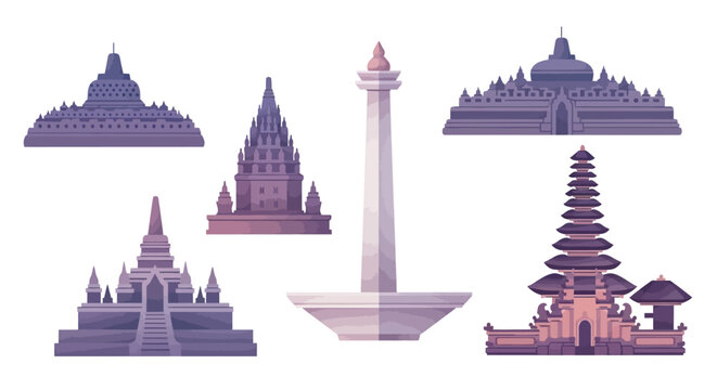 A collection of famous landmark indonesia monuments is depicted in a flat vector illustration, including Borobudur and Prambanan temples, set against a clean white background with a soft