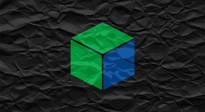 A geometric cube with green and blue faces on a crumpled dark background