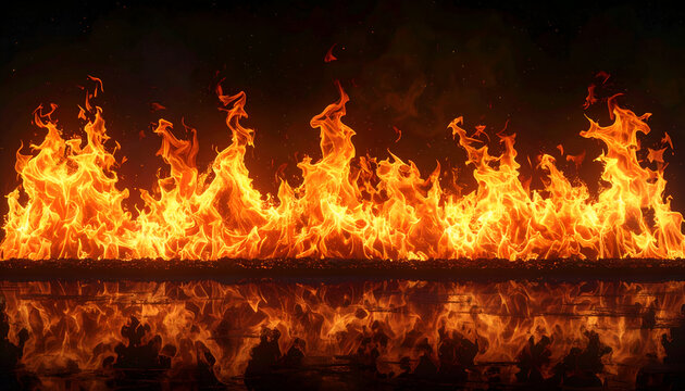 A vibrant and intense depiction of flames dancing above a reflective surface, creating a mesmerizing display of heat and light.
