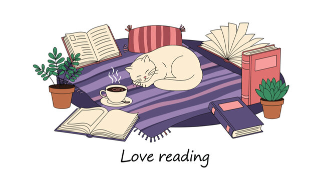 Cozy illustration of a cat sleeping on a rug surrounded by open books, coffee, and plants with text love reading.