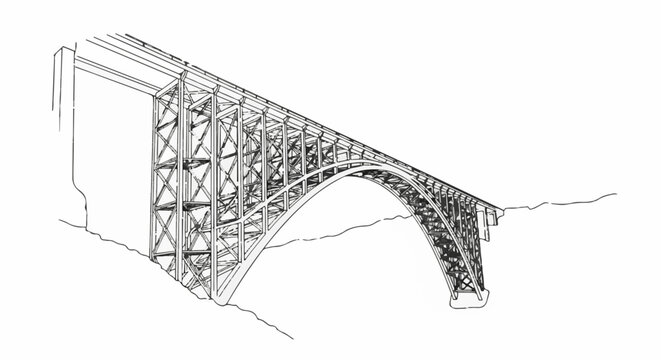 Black and white line drawing of a large steel arch bridge spanning a gap