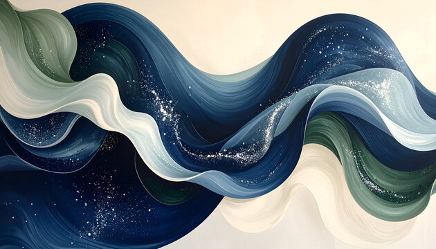 An abstract painting depicts swirling blue and green waves interspersed with shimmering white highlights, evoking a sense of fluidity and cosmic wonder.