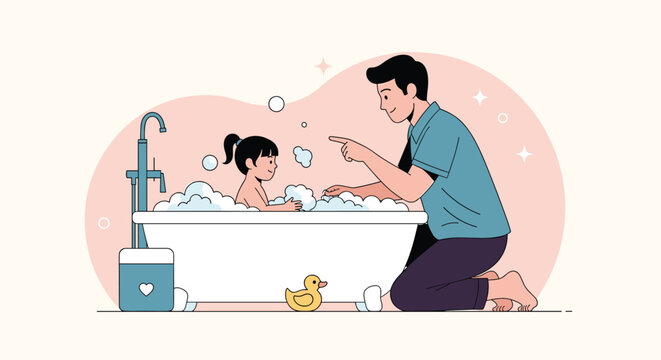 Caring father spends quality time bathing his young daughter in a bubble filled tub with a toy duck for a fun experience.