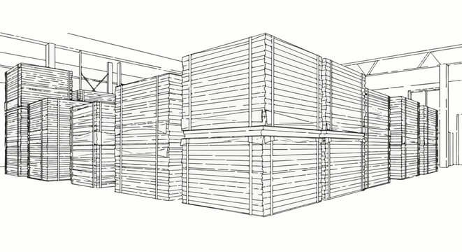 Large stacked wooden crates in a warehouse interior