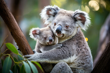 Naklejka premium Koala Mother and Baby Hugging on Tree Branch in Natural Wildlife Environment