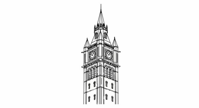 Ornate stone clock tower with pointed spire, multiple faces, and detailed windows