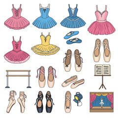 Ballet Dance Elements: Tutus, Pointe Shoes, Barre, Stage, Music Stand © ijo