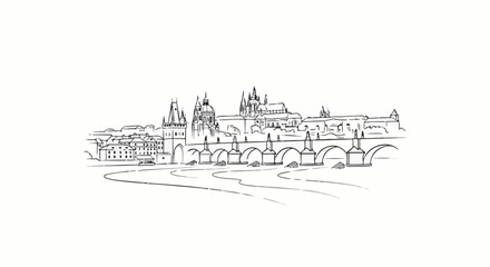 Fototapeta premium Hand-drawn sketch of a historic bridge with arched spans and city skyline