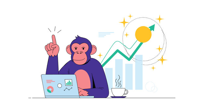Smart monkey works on laptop while pointing up at successful rising business graph and a large glowing gold coin.