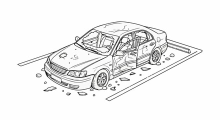 Obraz premium Damaged vehicle in parking space with broken glass and debris