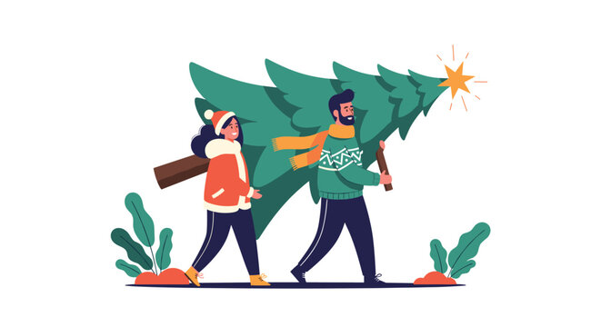 Happy man and woman in winter clothes walk together while carrying a large green Christmas tree with a gold star.