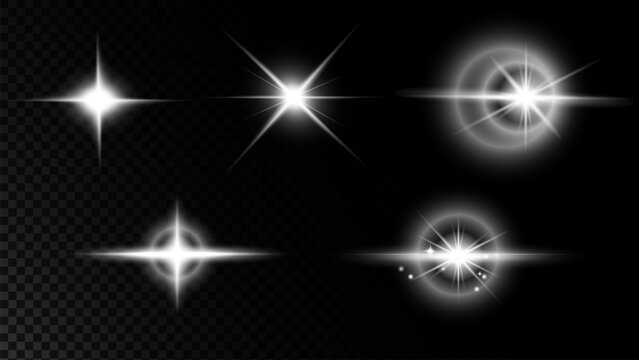 Collection of glowing star flares, light streaks and lens effects isolated on transparent background for overlays, highlights and abstract decorative design.