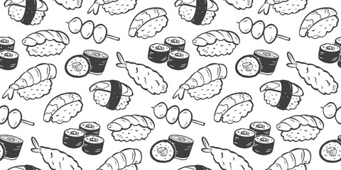 Sushi rolls doodle background. Japanese food pattern background. Cute Asian culinary seamless pattern. Japan cuisine hand drawn pattern with Sushi, Maki, Nigiri, Onigiri, Dango, Takoyaki, Tempura. © Dean