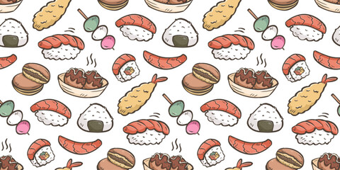 Sushi rolls doodle background. Japanese food pattern background. Cute Asian culinary seamless pattern. Japan cuisine hand drawn pattern with Sushi, Maki, Nigiri, Onigiri, Dango, Takoyaki, Tempura. © Dean