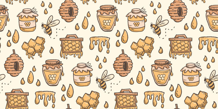 Honey hand drawn pattern. Honey farm background doodle. Beehive line art illustration for packaging. Bumble bee seamless pattern containing honeycomb, jar, dipper.