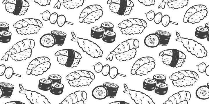 Sushi rolls doodle background. Japanese food pattern background. Cute Asian culinary seamless pattern. Japan cuisine hand drawn pattern with Sushi, Maki, Nigiri, Onigiri, Dango, Takoyaki, Tempura.
