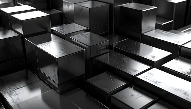 A striking black and white abstract composition features a dynamic arrangement of geometric cubes and rectangular prisms, creating a sense of depth and architectural complexity.