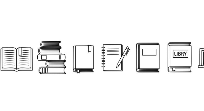 Minimal outline book icons featuring open book stack books notebook and book with pen vector set