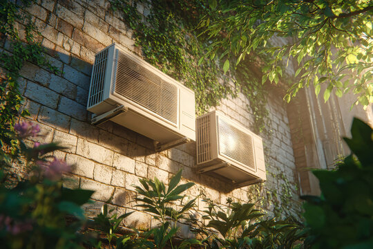 Two air conditioners are mounted on a white brick wall of an A-frame house surrounded by lush greenery and warm light illuminating the scene