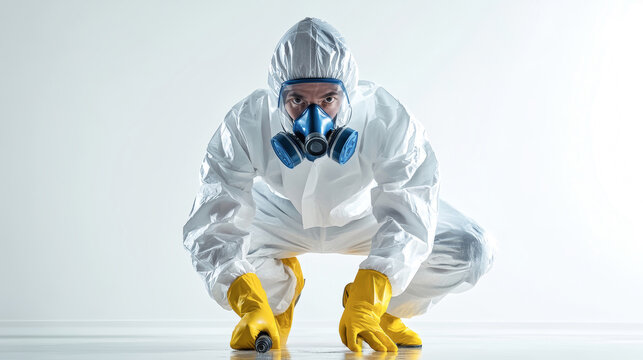 A technician crouches on an isolated background, wearing protective suit and mask, while using a spray device to apply polyurea on the floor