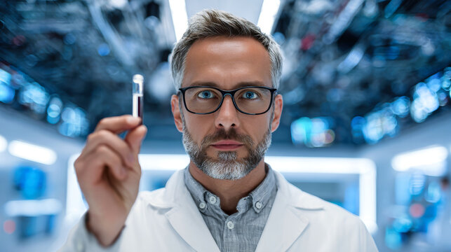 A middle-aged doctor in glasses and a white coat holds a test tube in a lab. A tech-style background features blurred details of hospital equipment and lights